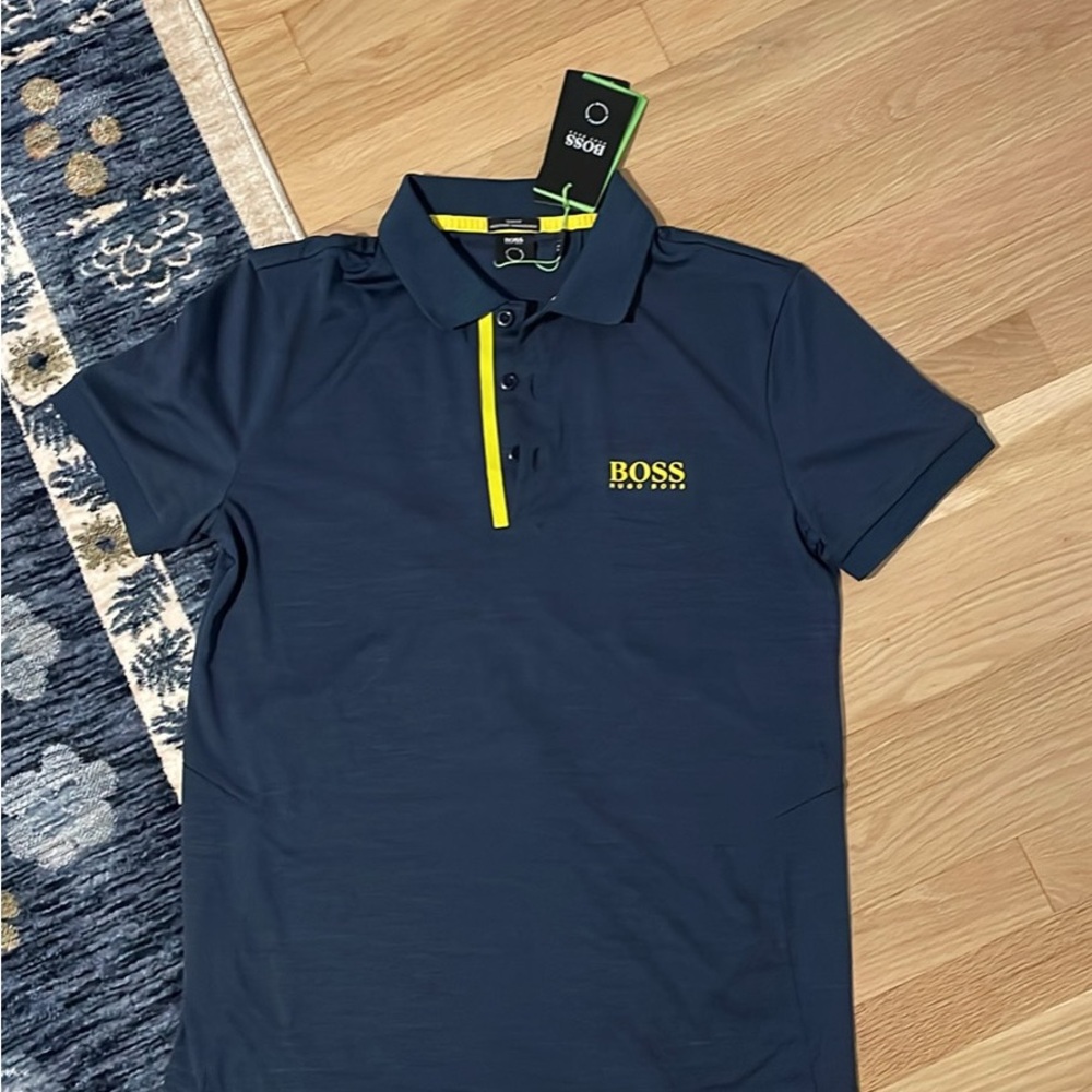 BOSS NWT Navy Polo Shirt with Yellow Accents